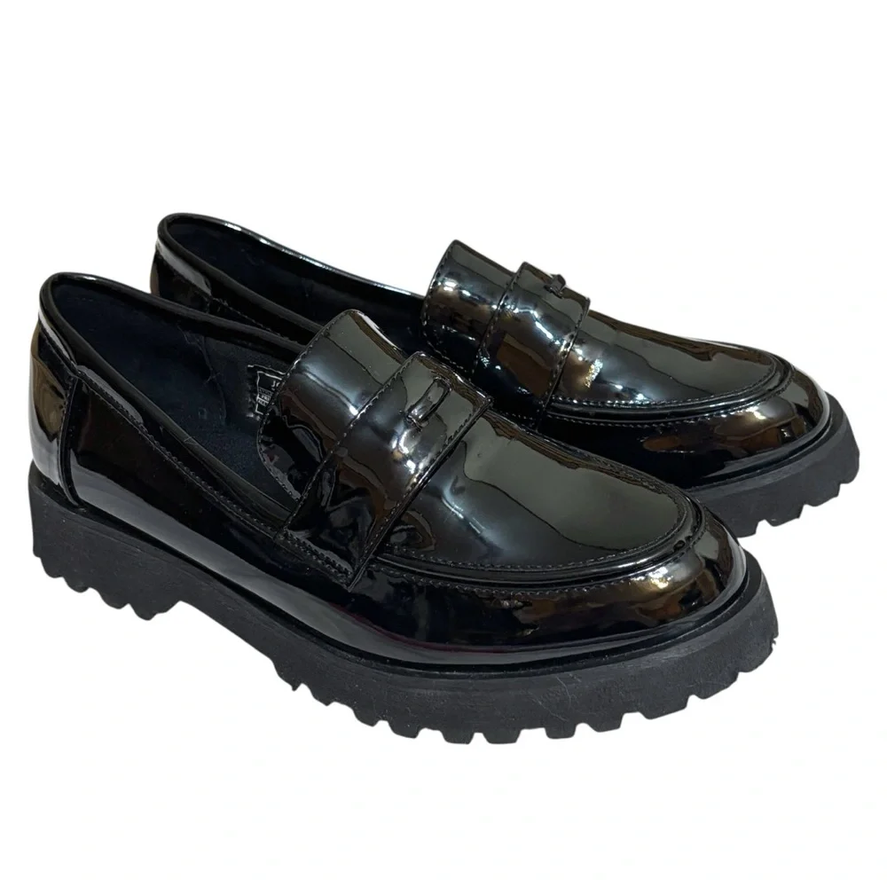 Jones New York loafers Priscilla black patent faux leather lug sole shoes 6.5